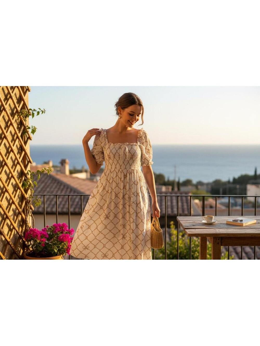 Hill House Home Ellie Nap Dress Neutral Rope Print Smocked Midi Size S